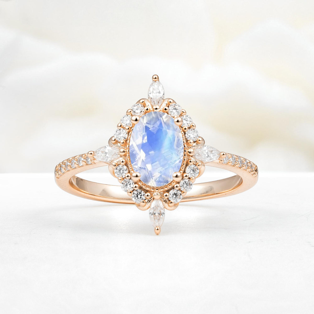 Oval Cut Moonstone Starburst Halo Engagement Ring with Pavé Band - Additional view