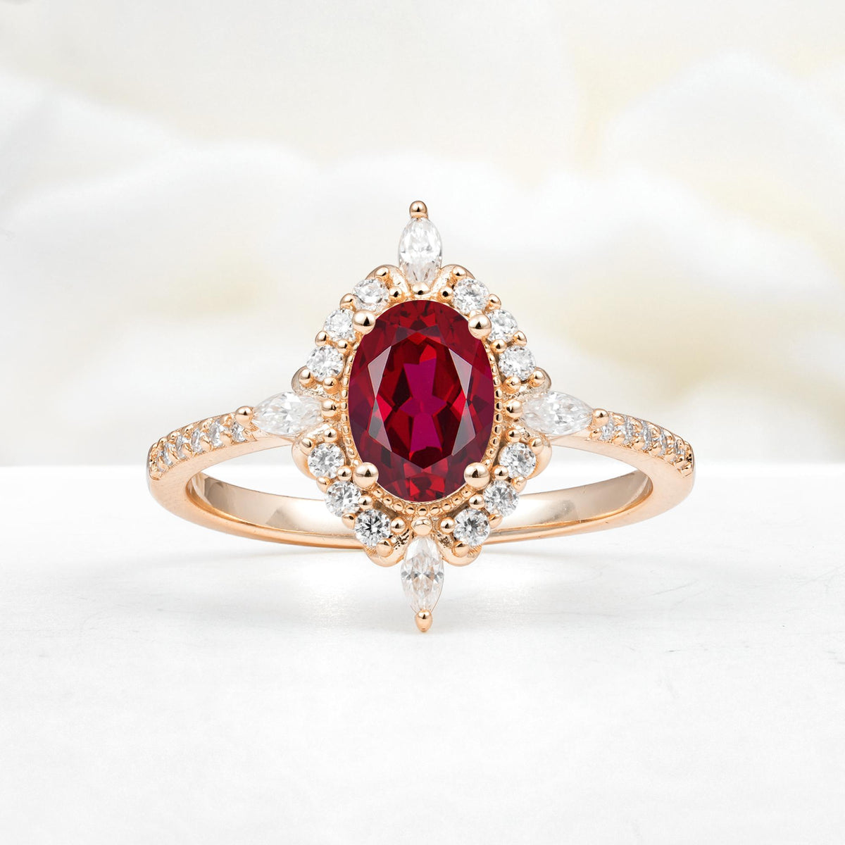 Oval Cut Ruby Starburst Halo Engagement Ring with Pavé Band - Additional view