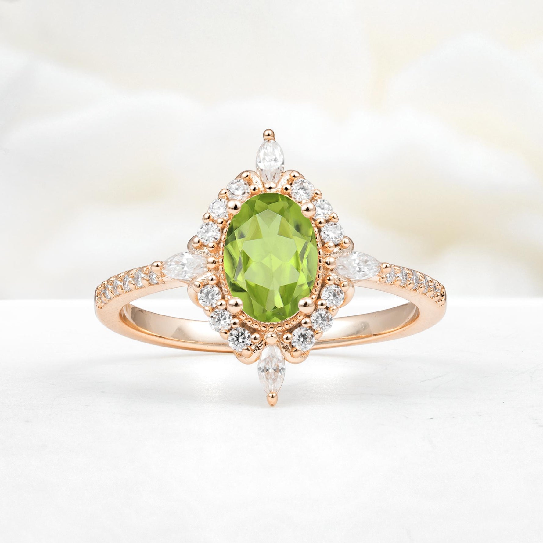 Oval Cut Peridot Starburst Halo Engagement Ring with Pavé Band - Additional view
