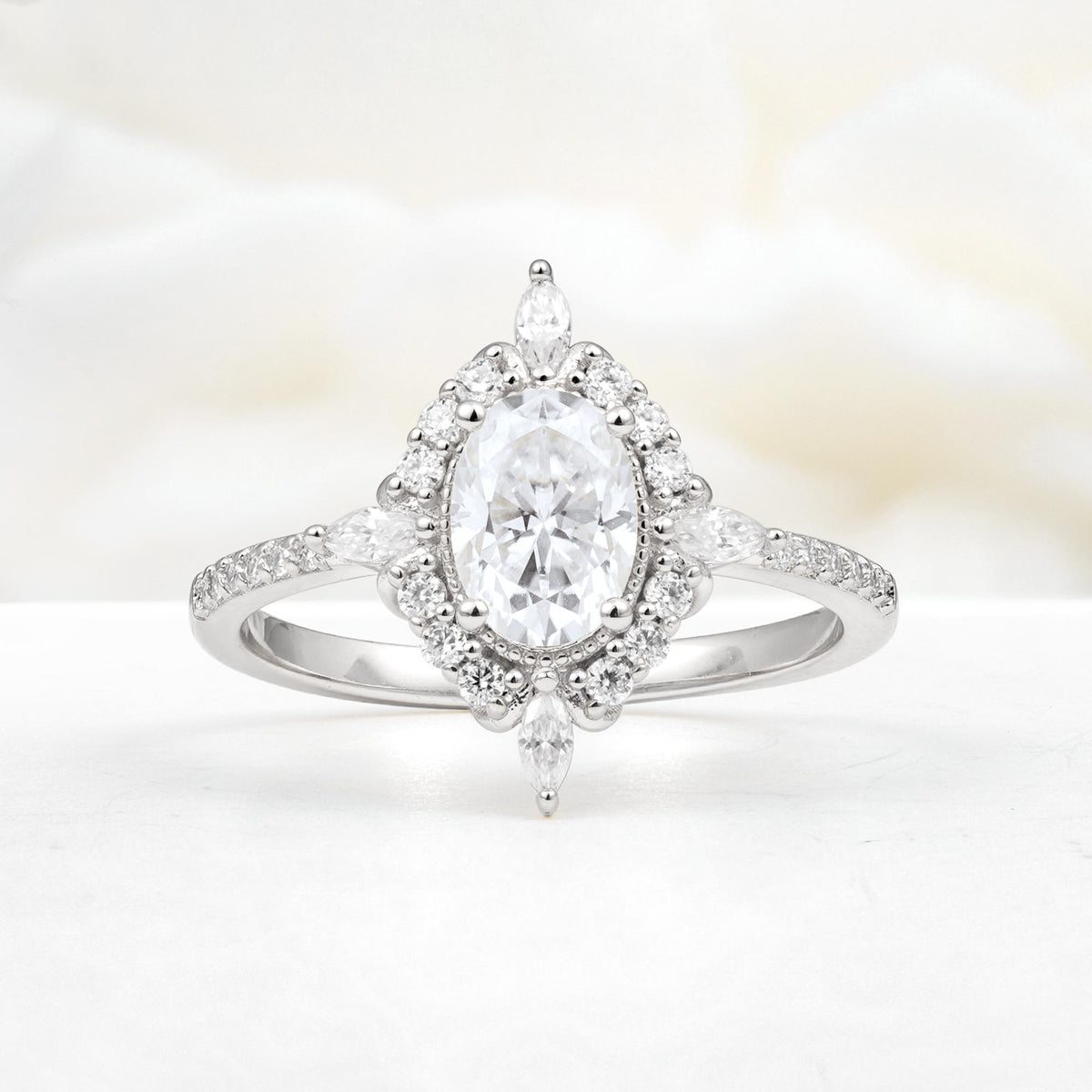 Oval Cut Moissanite Starburst Halo Engagement Ring with Pavé Band - Additional view