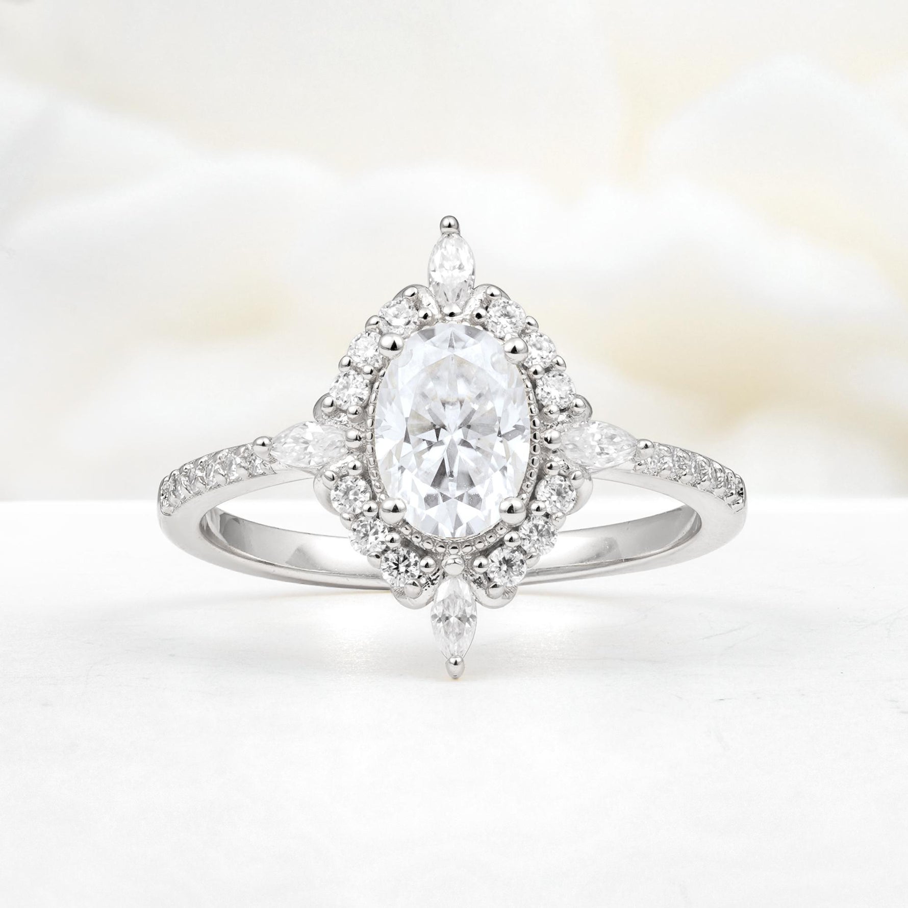 Oval Cut Moissanite Starburst Halo Engagement Ring with Pavé Band - Additional view
