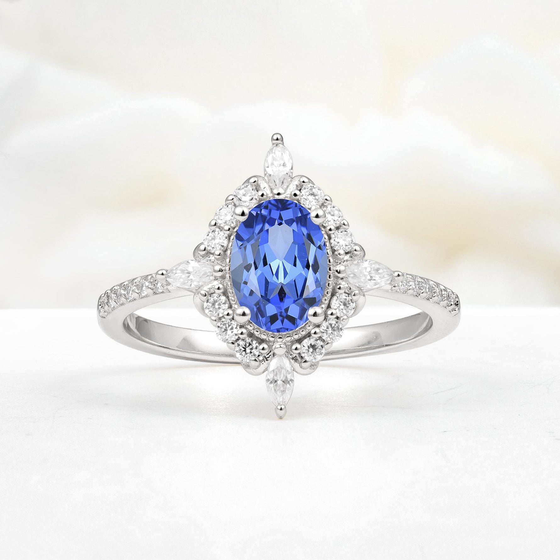 Oval Cut Sapphire Starburst Halo Engagement Ring with Pavé Band - Additional view