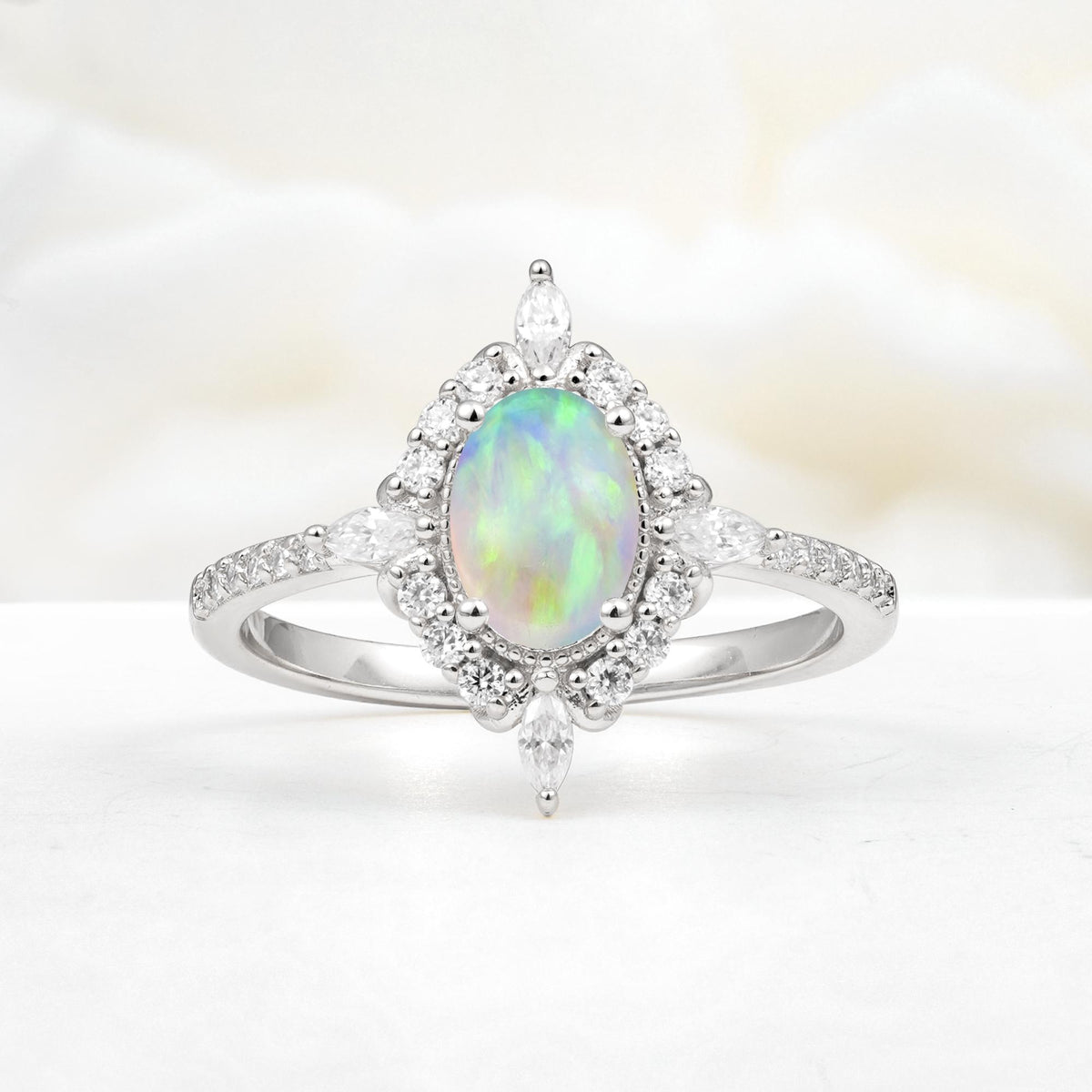 Oval Cut Fire Opal Starburst Halo Engagement Ring with Pavé Band - Additional view