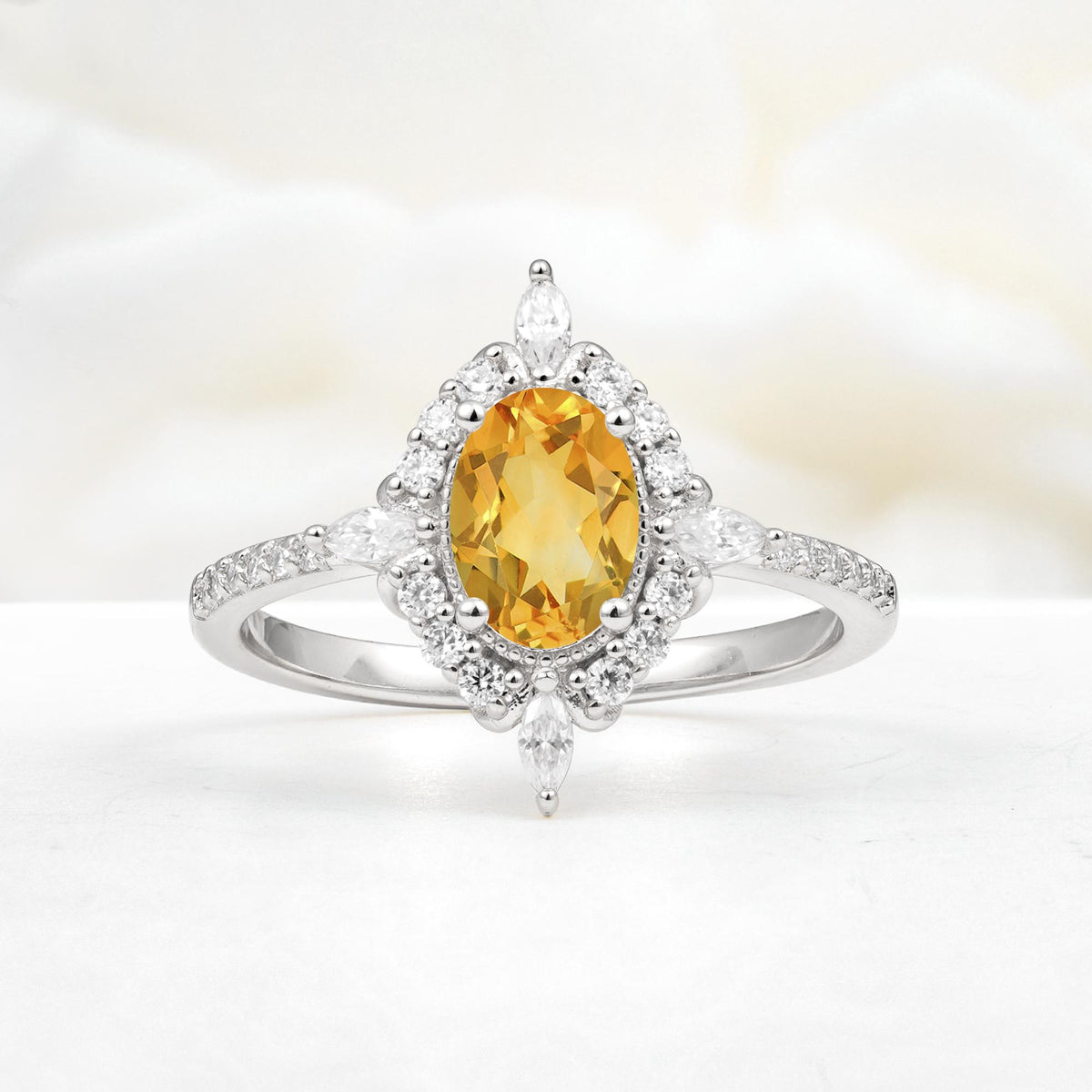Oval Cut Citrine Starburst Halo Engagement Ring with Pavé Band - Additional view