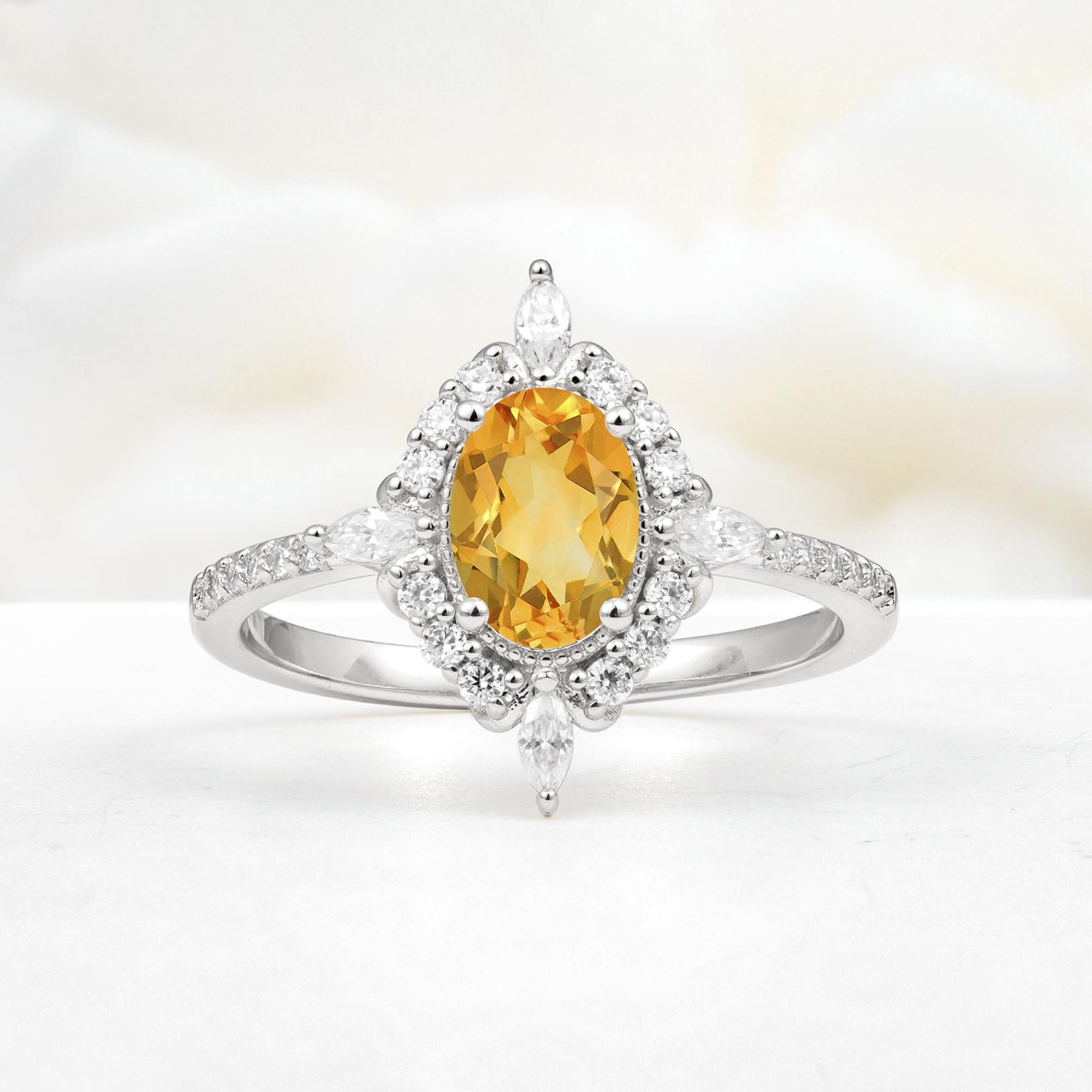 Oval Cut Citrine Starburst Halo Engagement Ring with Pavé Band - Additional view