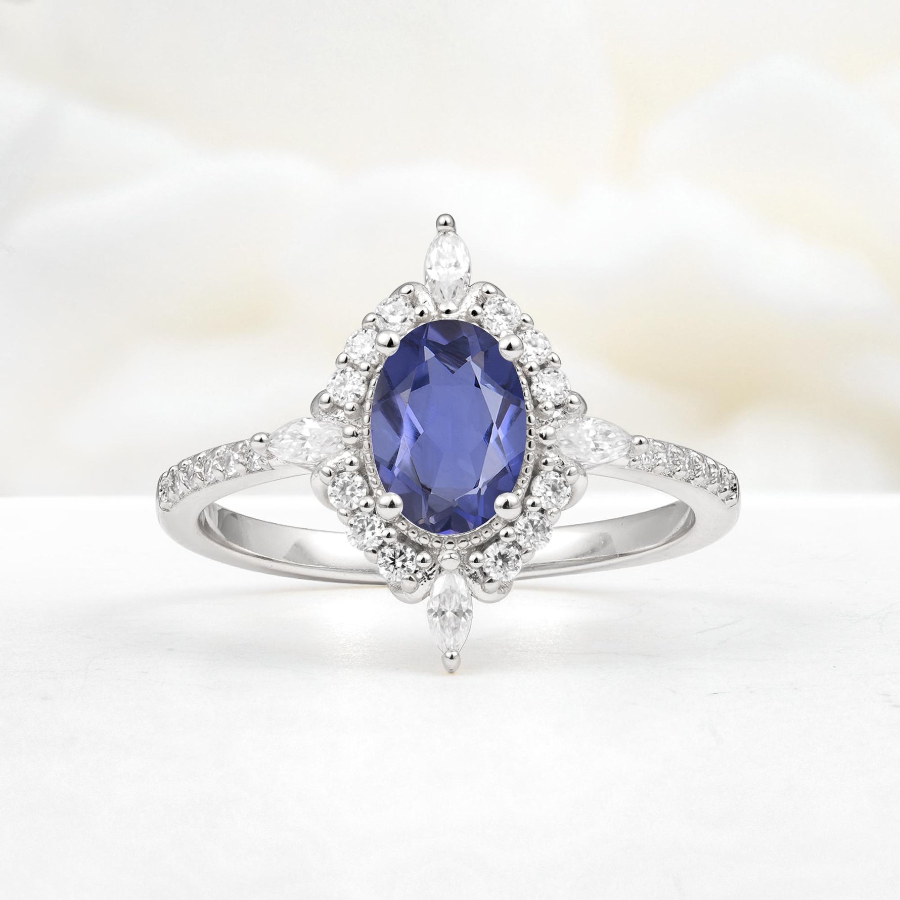 Oval Cut Tanzanite Starburst Halo Engagement Ring with Pavé Band - Additional view