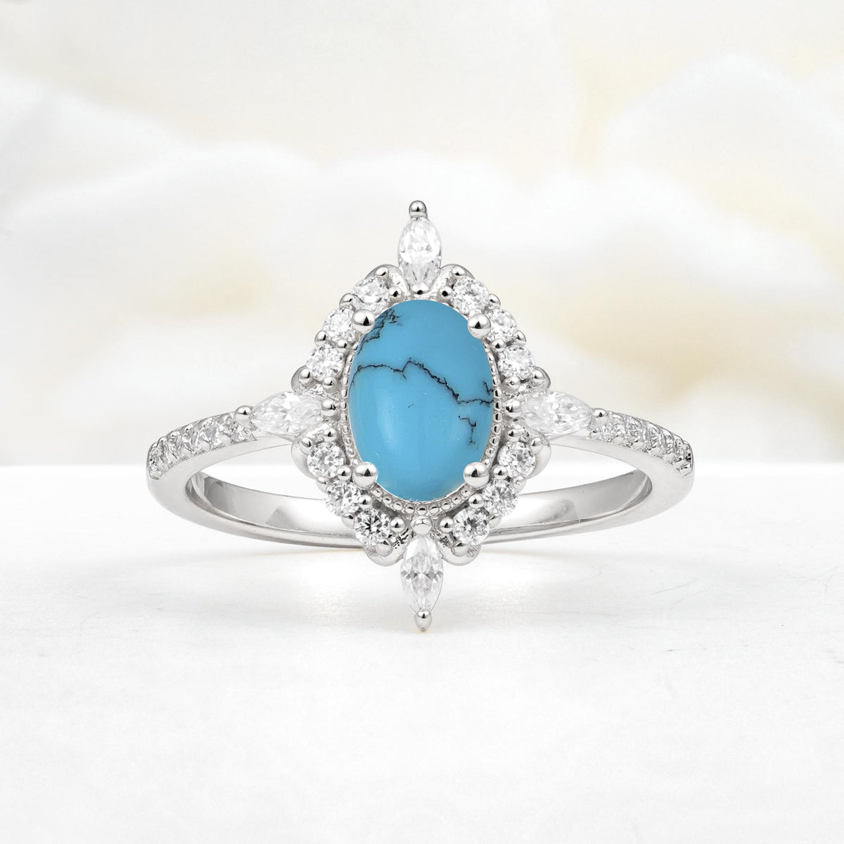 Oval Cut Turquoise Starburst Halo Engagement Ring with Pavé Band - Additional view
