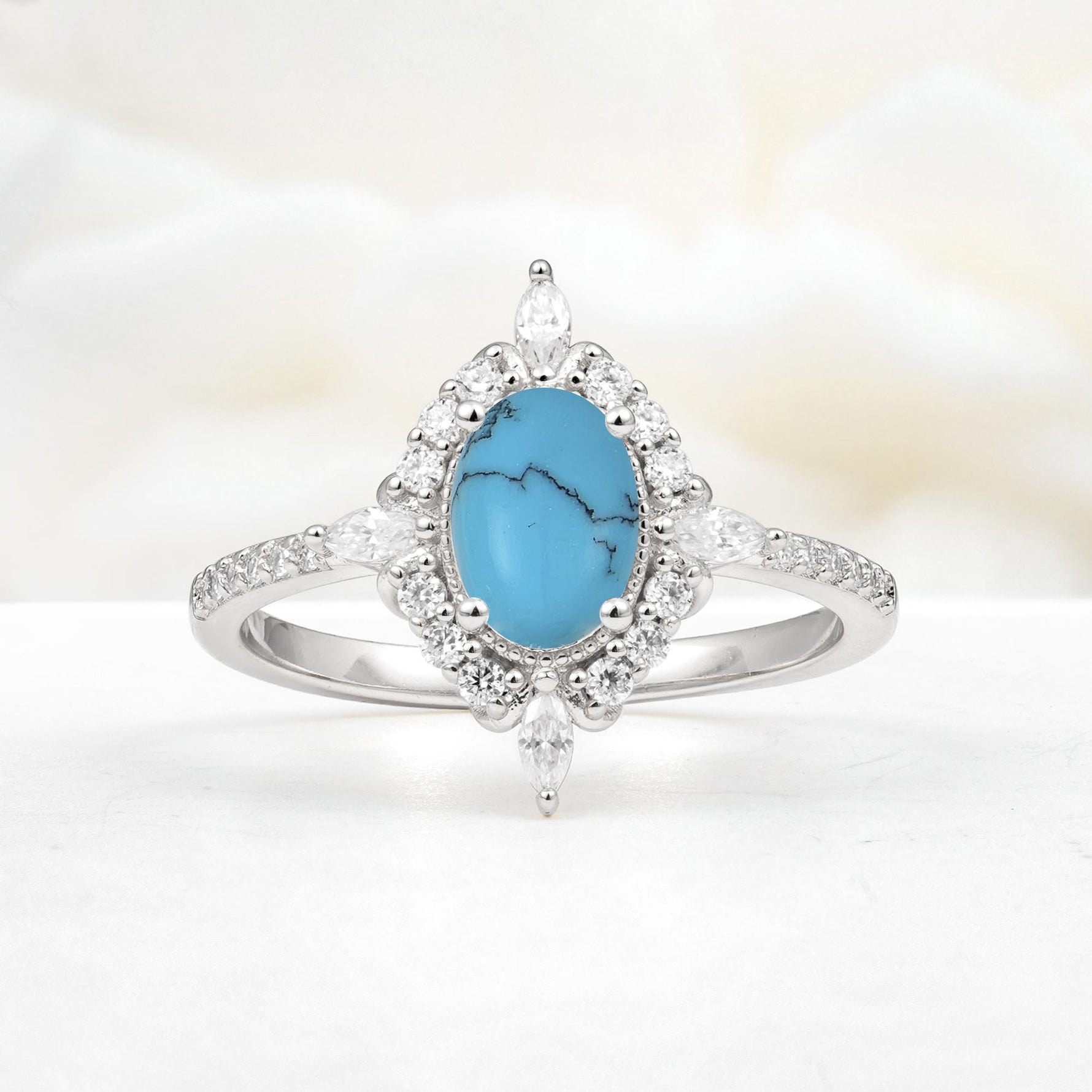 Oval Cut Turquoise Starburst Halo Engagement Ring with Pavé Band - Additional view