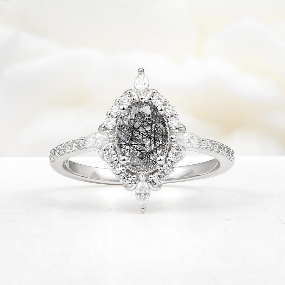 Oval Cut Black Rutilated Quartz Starburst Halo Engagement Ring with Pavé Band - Additional view