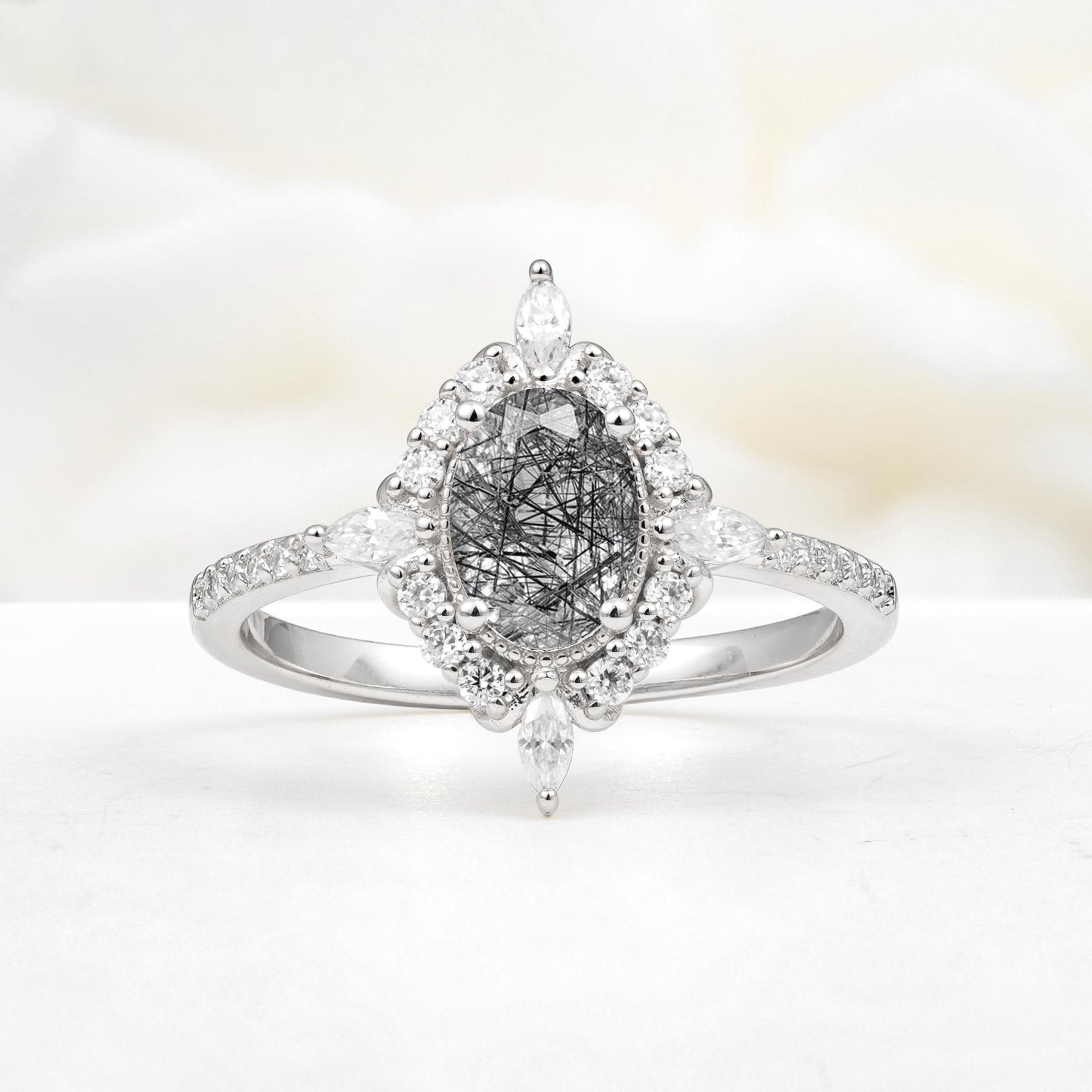 Oval Cut Black Rutilated Quartz Starburst Halo Engagement Ring with Pavé Band - Additional view