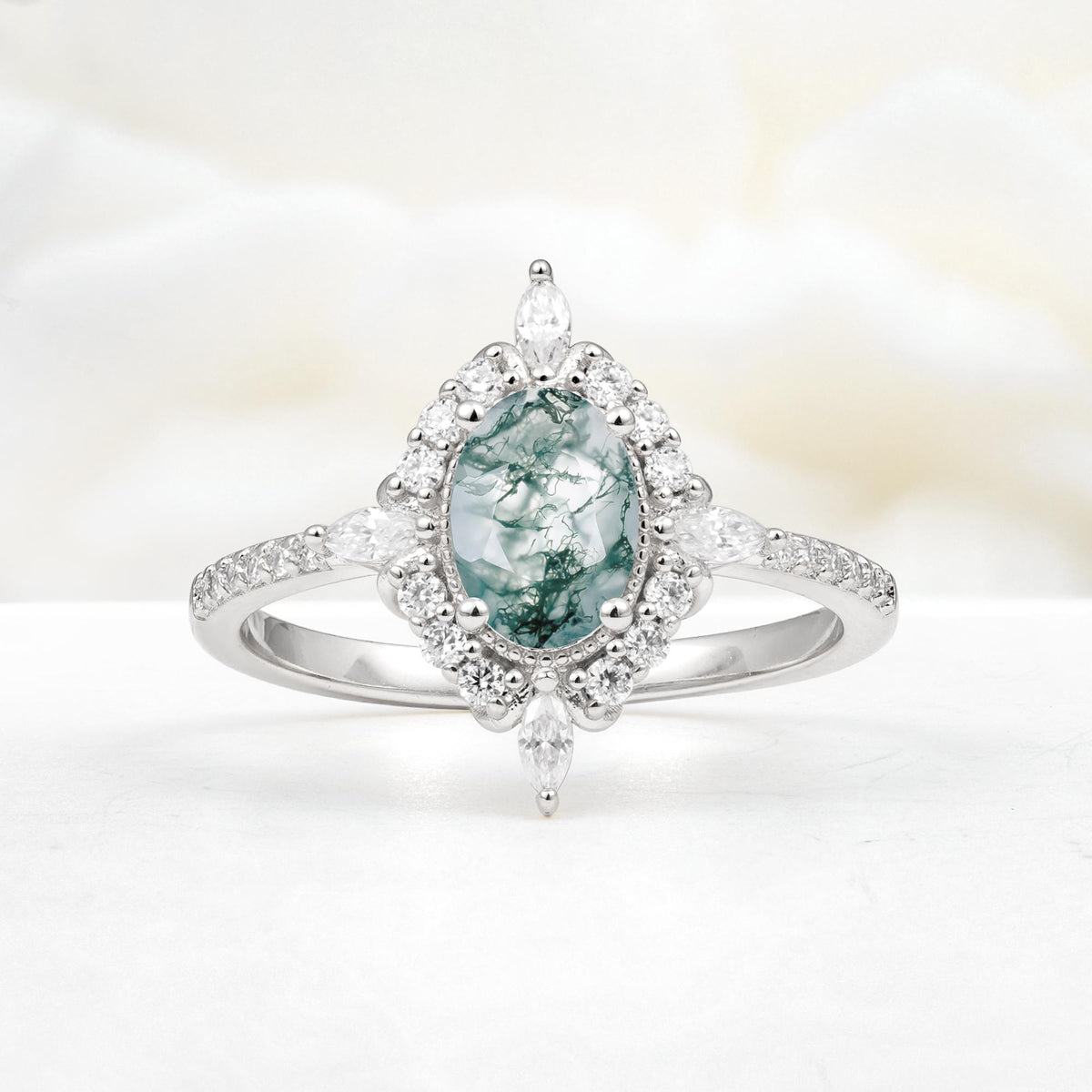 Oval Cut Moss Agate Starburst Halo Engagement Ring with Pavé Band - Additional view