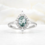 Oval Cut Moss Agate Starburst Halo Engagement Ring with Pavé Band - Additional view
