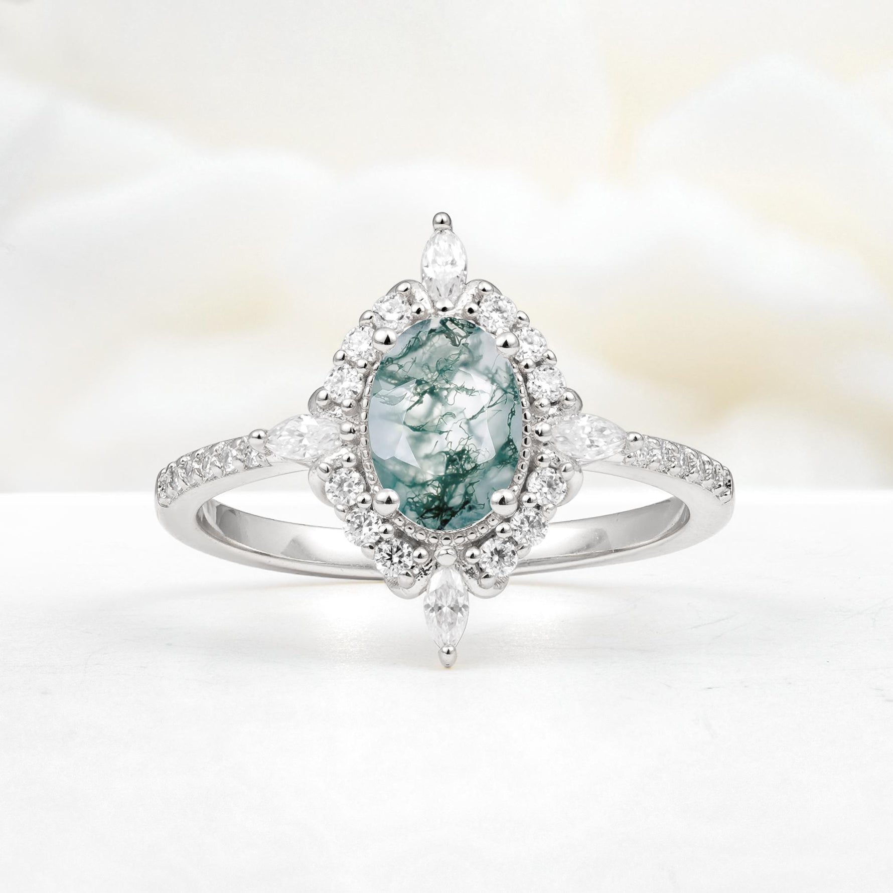 Oval Cut Moss Agate Starburst Halo Engagement Ring with Pavé Band - Additional view