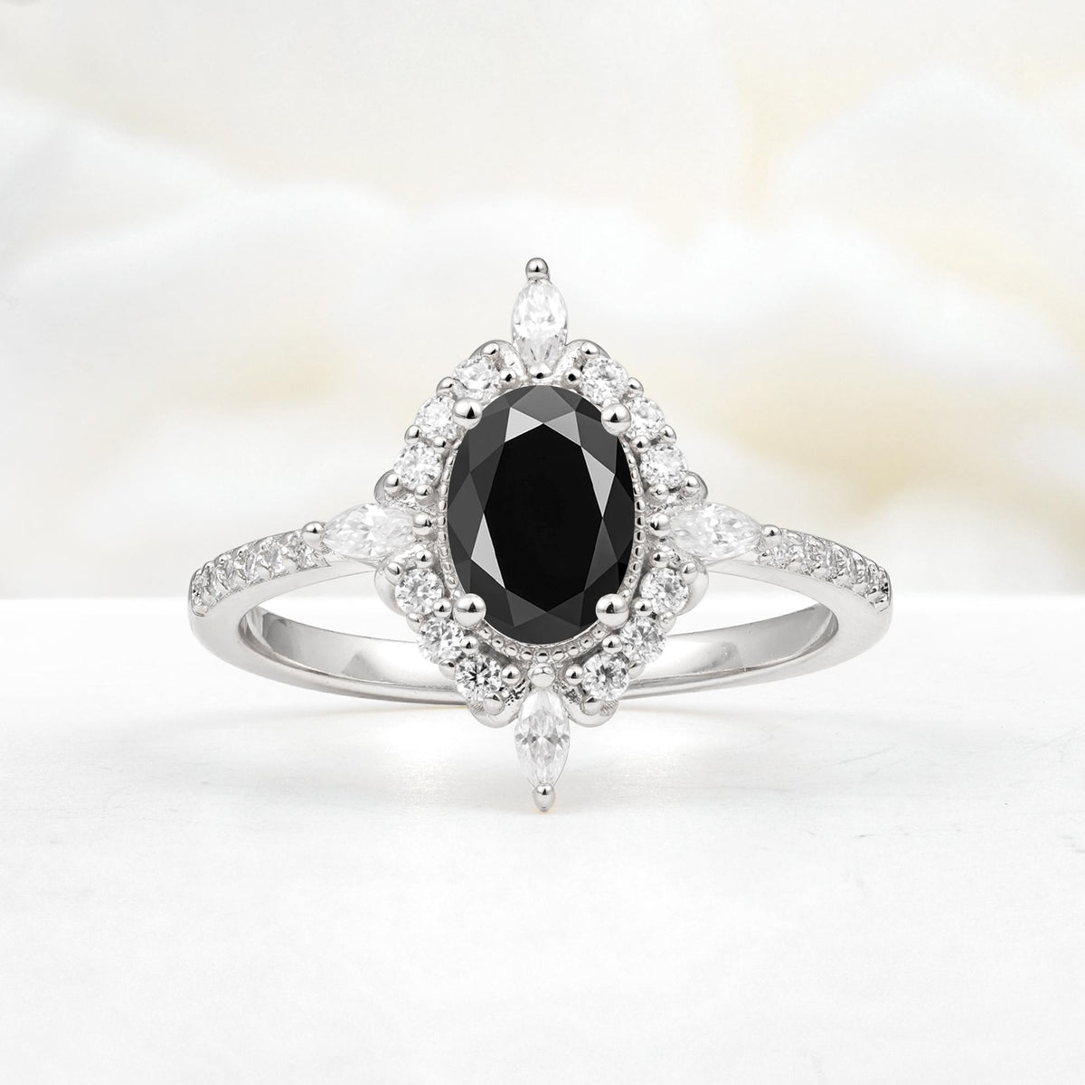 Oval Cut Black Onyx Starburst Halo Engagement Ring with Pavé Band - Additional view