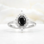Oval Cut Black Onyx Starburst Halo Engagement Ring with Pavé Band - Additional view
