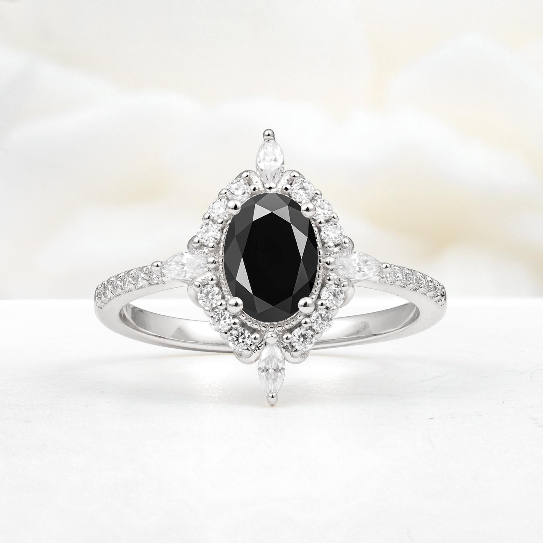 Oval Cut Black Onyx Starburst Halo Engagement Ring with Pavé Band - Additional view