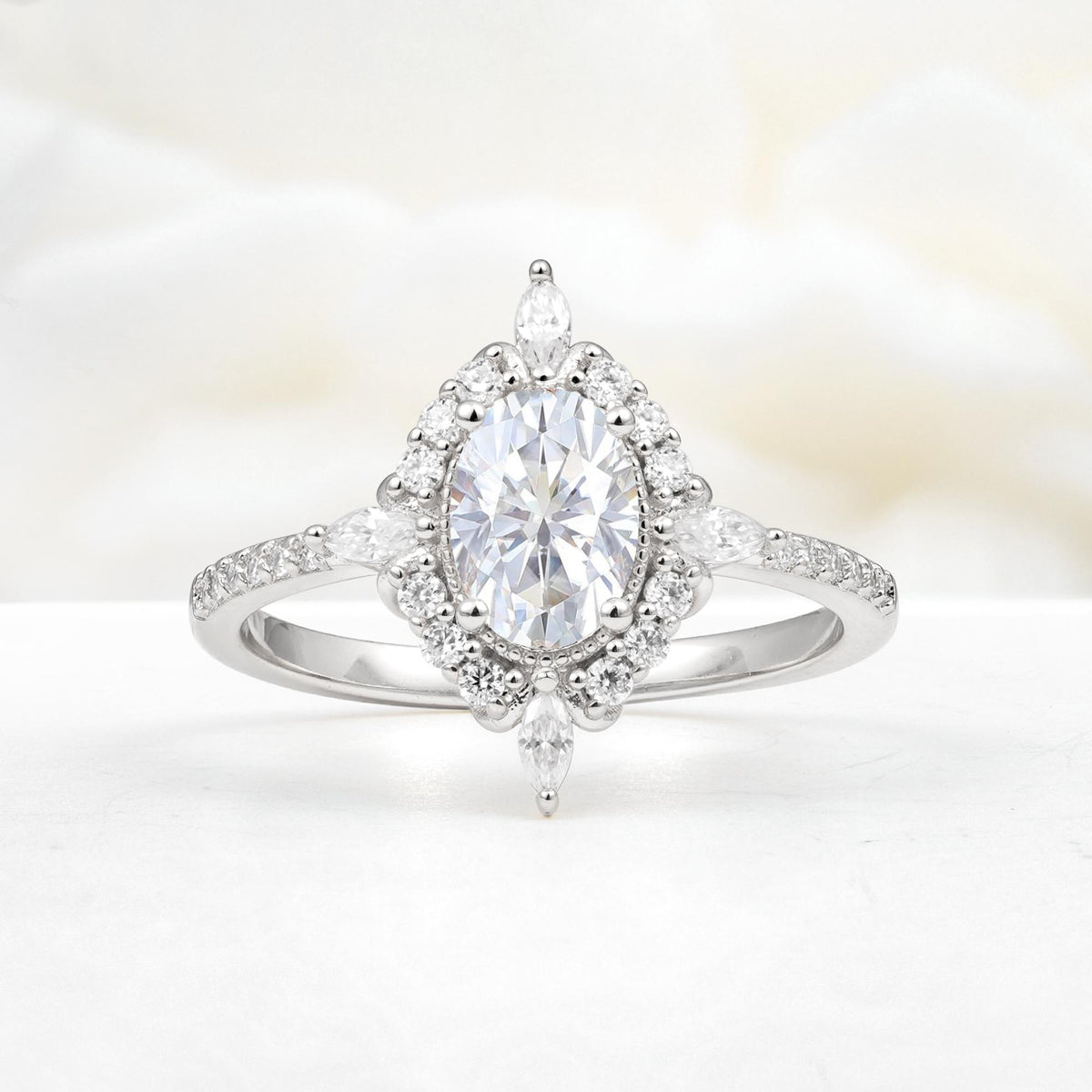 Oval Cut Lab Diamond Starburst Halo Engagement Ring with Pavé Band - Additional view