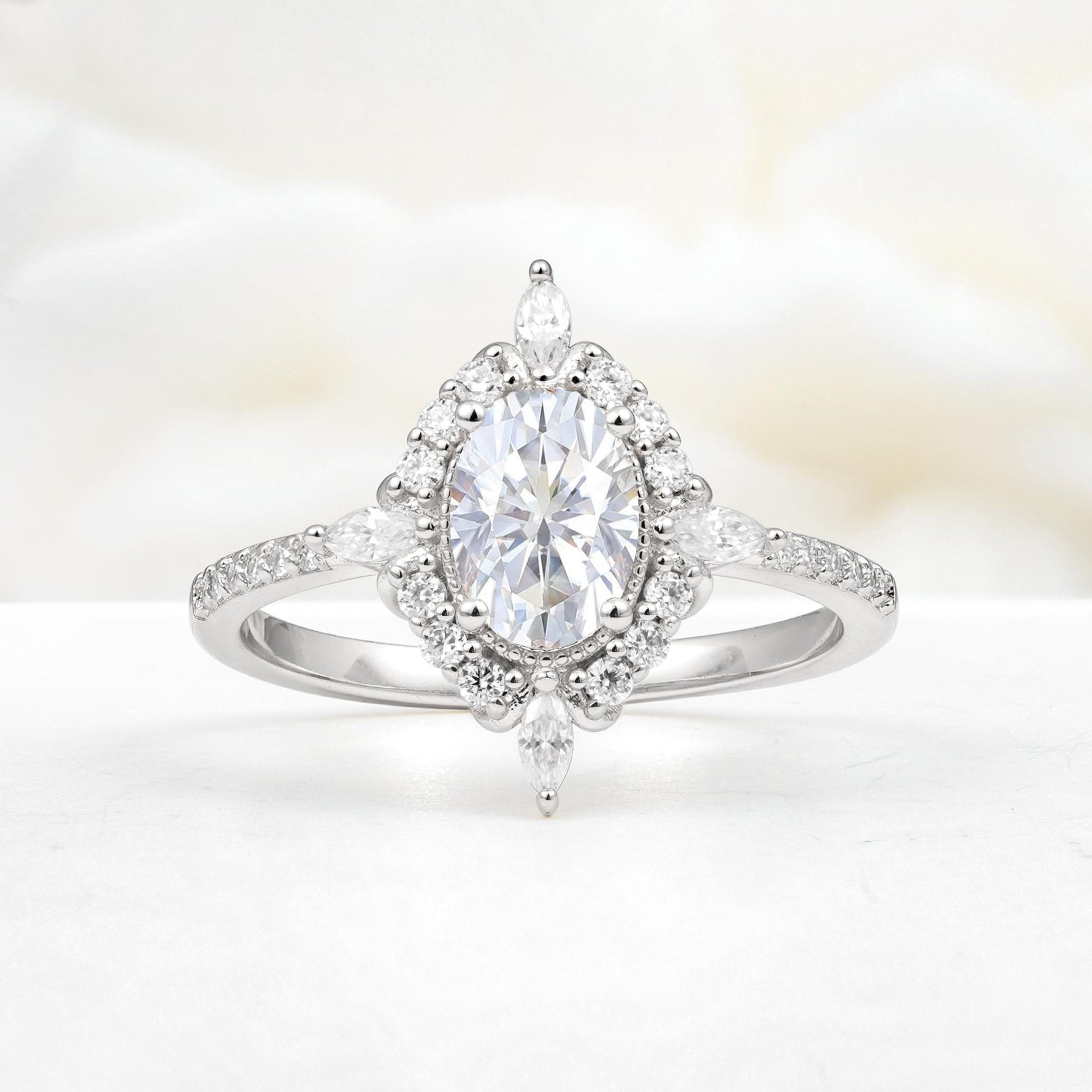 Oval Cut Lab Diamond Starburst Halo Engagement Ring with Pavé Band - Additional view