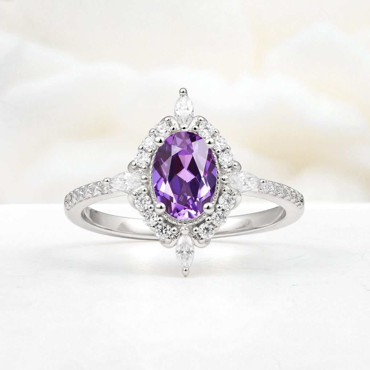 Oval Cut Amethyst Starburst Halo Engagement Ring with Pavé Band - Additional view