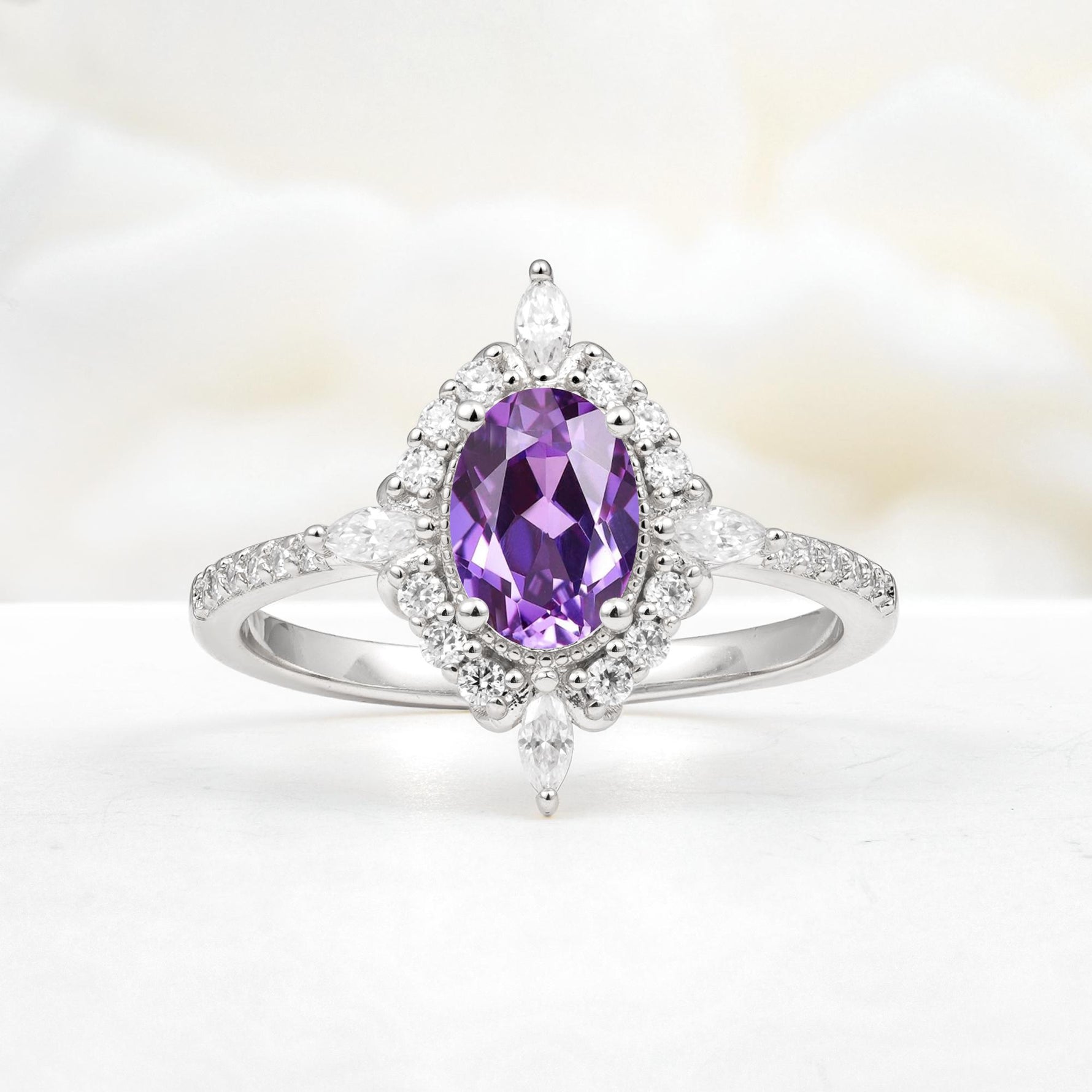 Oval Cut Amethyst Starburst Halo Engagement Ring with Pavé Band - Additional view