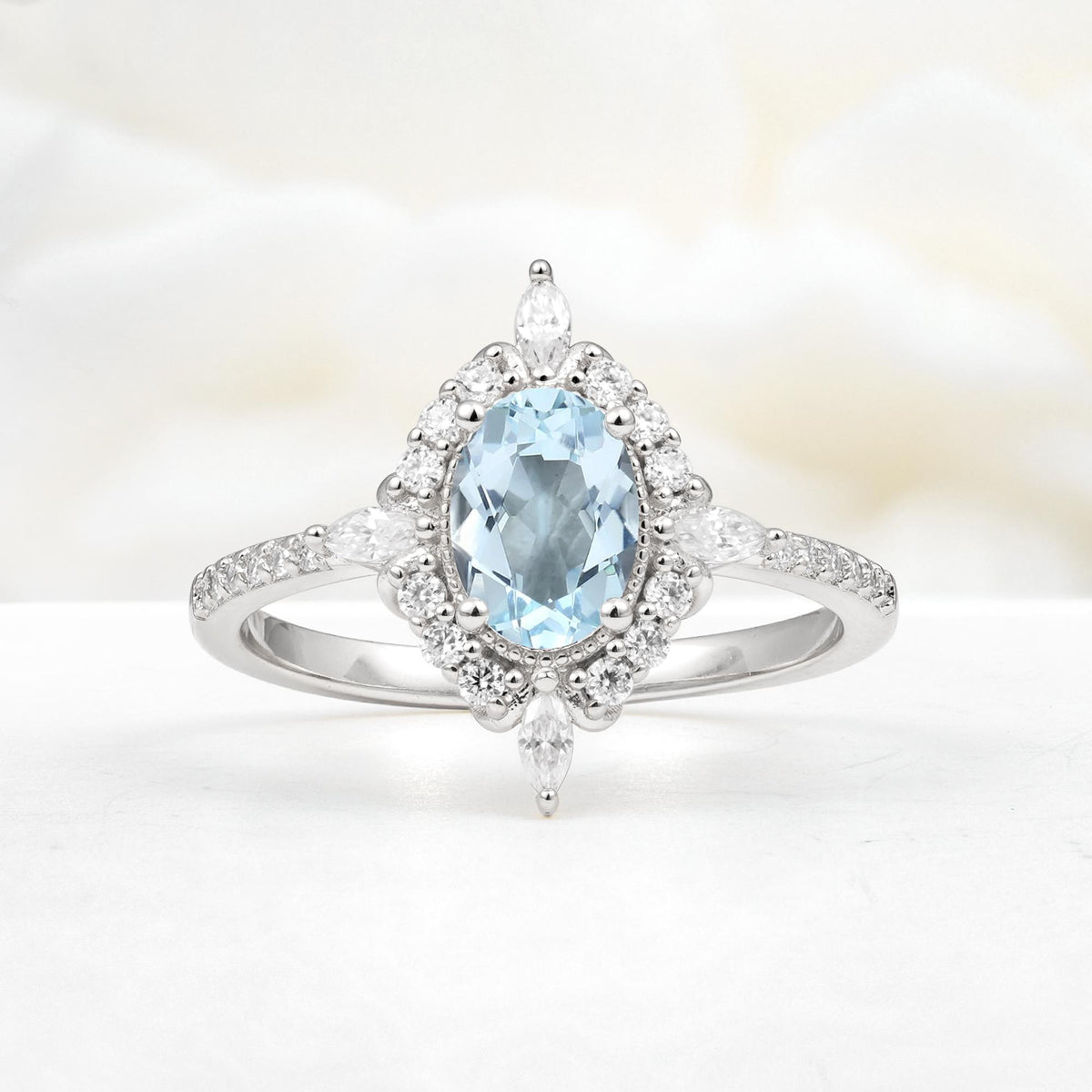 Oval Cut Aquamarine Starburst Halo Engagement Ring with Pavé Band - Additional view