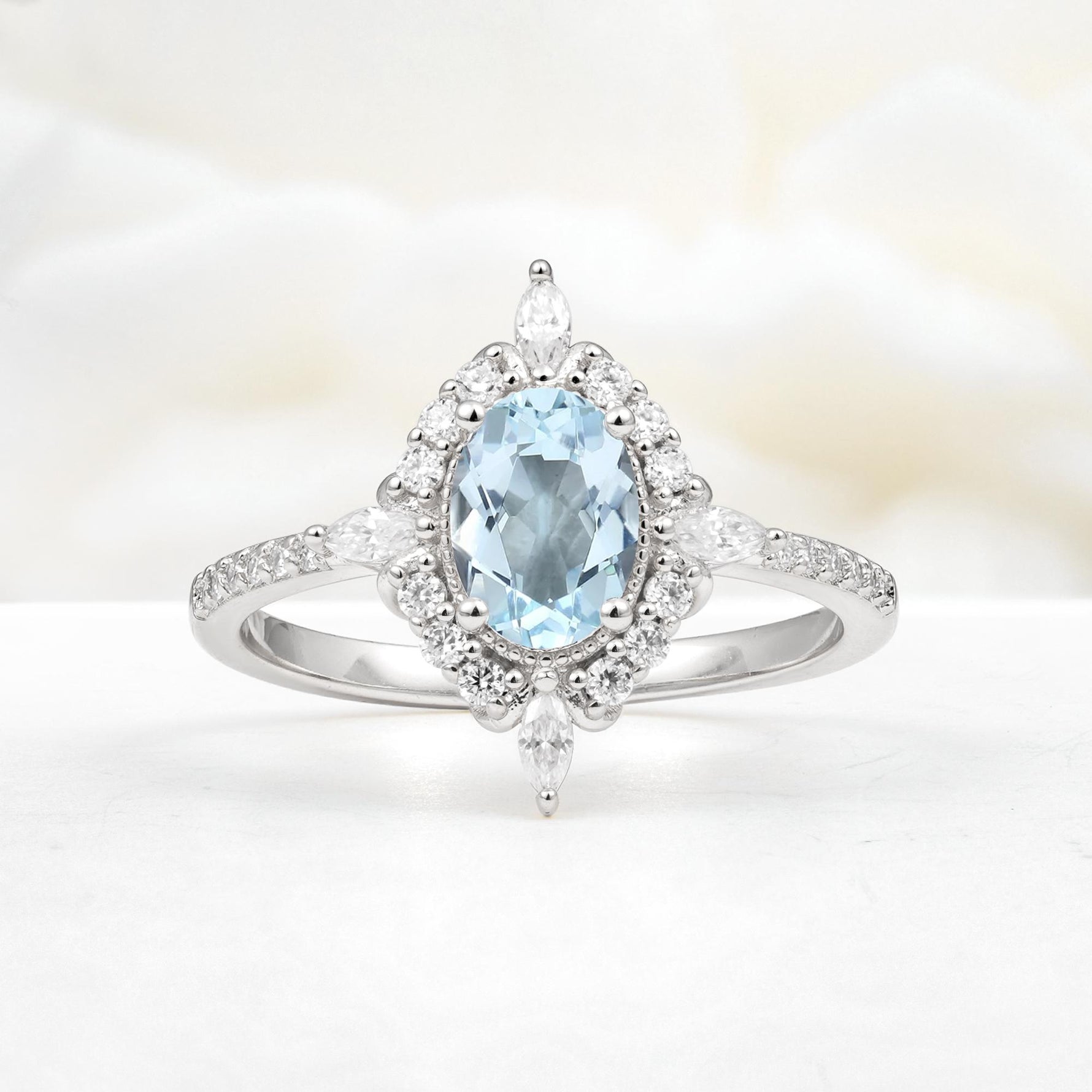 Oval Cut Aquamarine Starburst Halo Engagement Ring with Pavé Band - Additional view