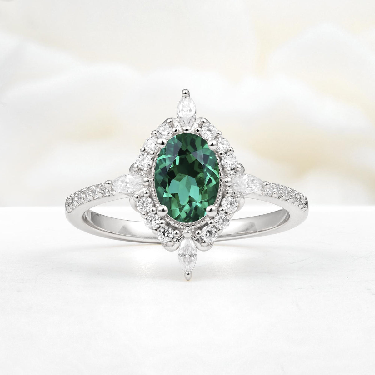 Oval Cut Emerald Starburst Halo Engagement Ring with Pavé Band - Additional view