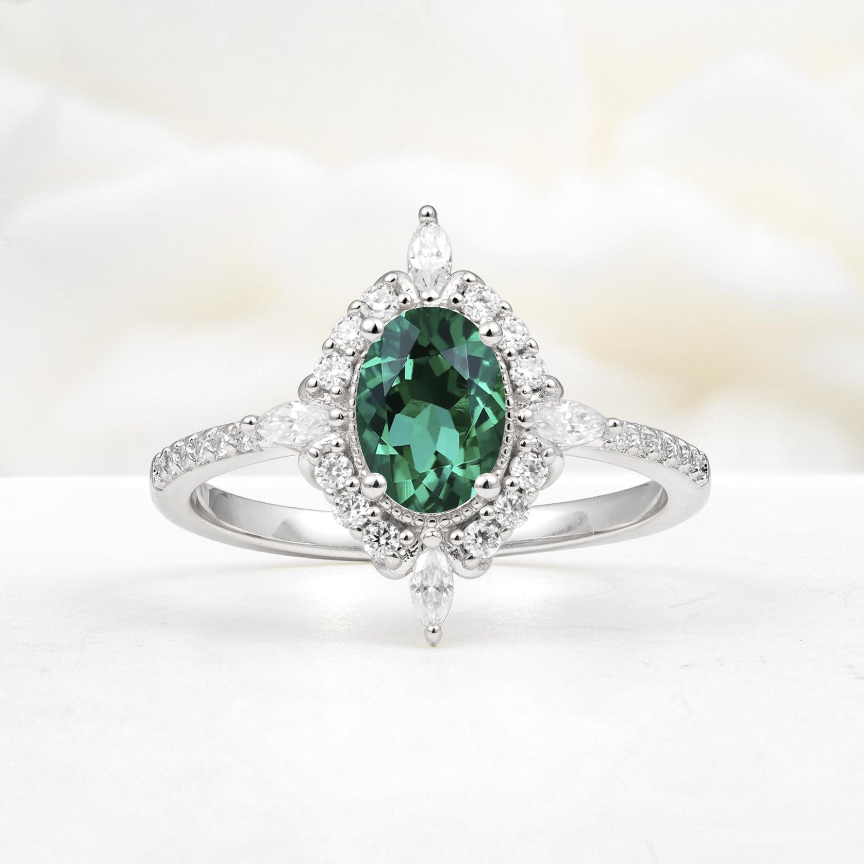 Oval Cut Emerald Starburst Halo Engagement Ring with Pavé Band - Additional view