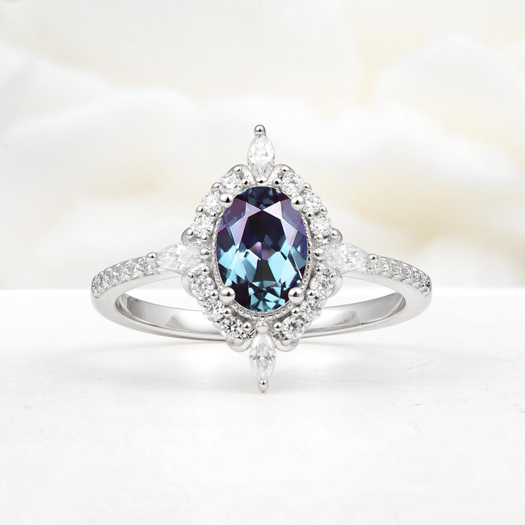 Oval Cut Alexandrite Starburst Halo Engagement Ring with Pavé Band - Additional view
