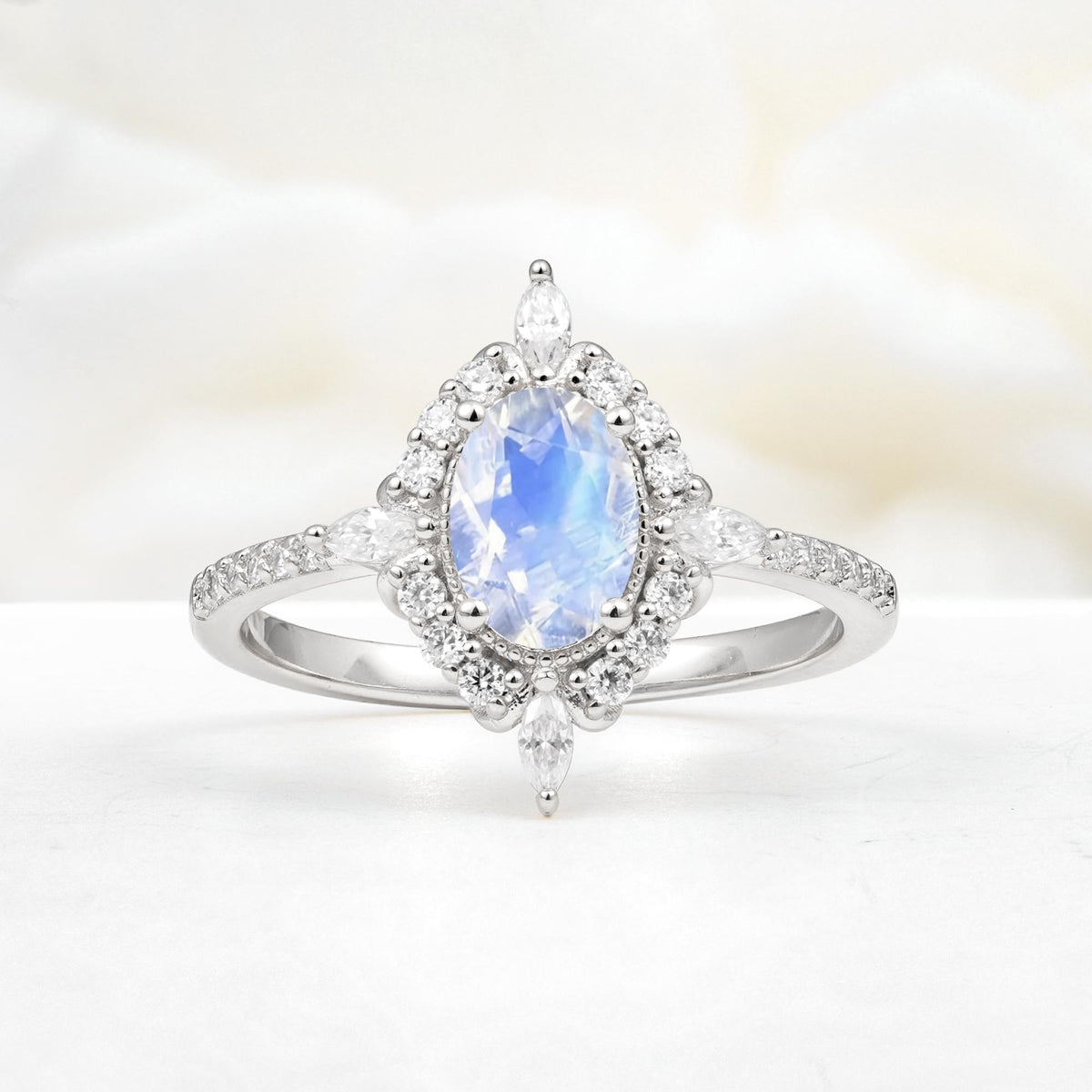 Oval Cut Moonstone Starburst Halo Engagement Ring with Pavé Band - Additional view