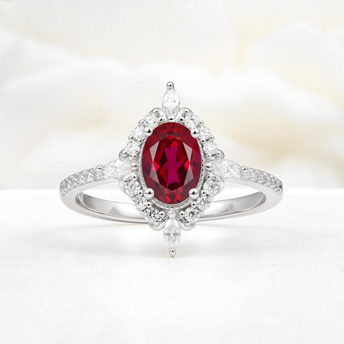 Oval Cut Ruby Starburst Halo Engagement Ring with Pavé Band - Additional view