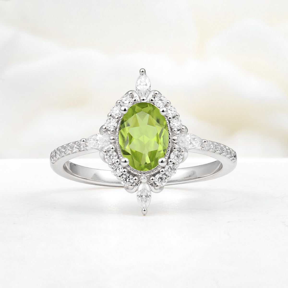 Oval Cut Peridot Starburst Halo Engagement Ring with Pavé Band - Additional view