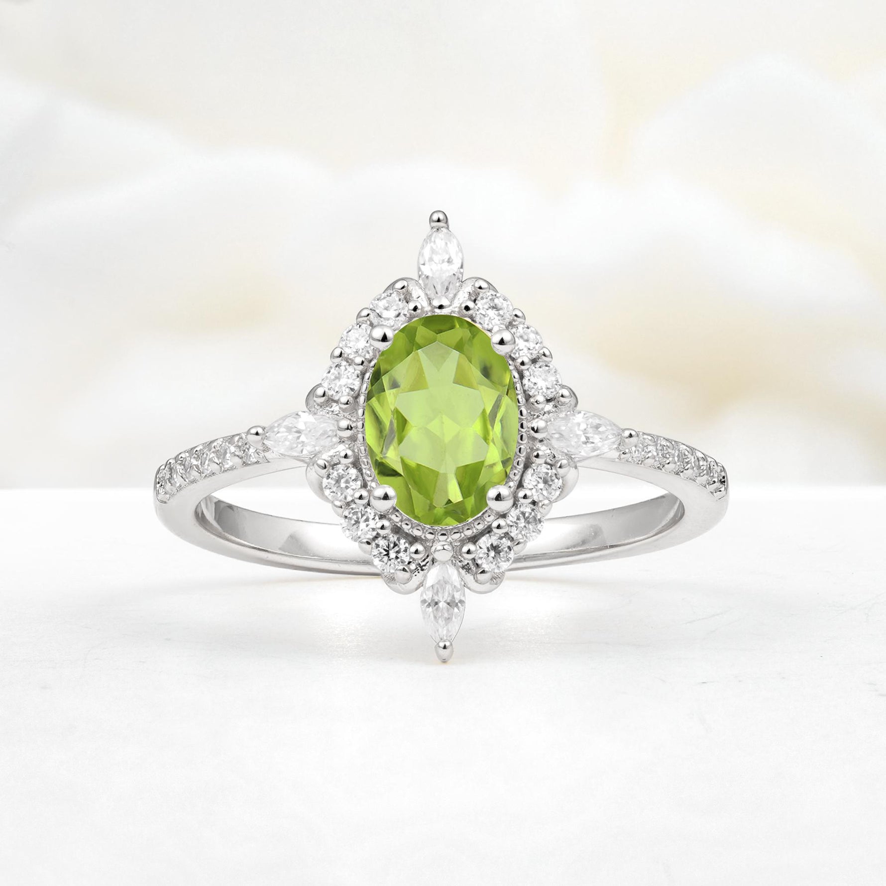 Oval Cut Peridot Starburst Halo Engagement Ring with Pavé Band - Additional view