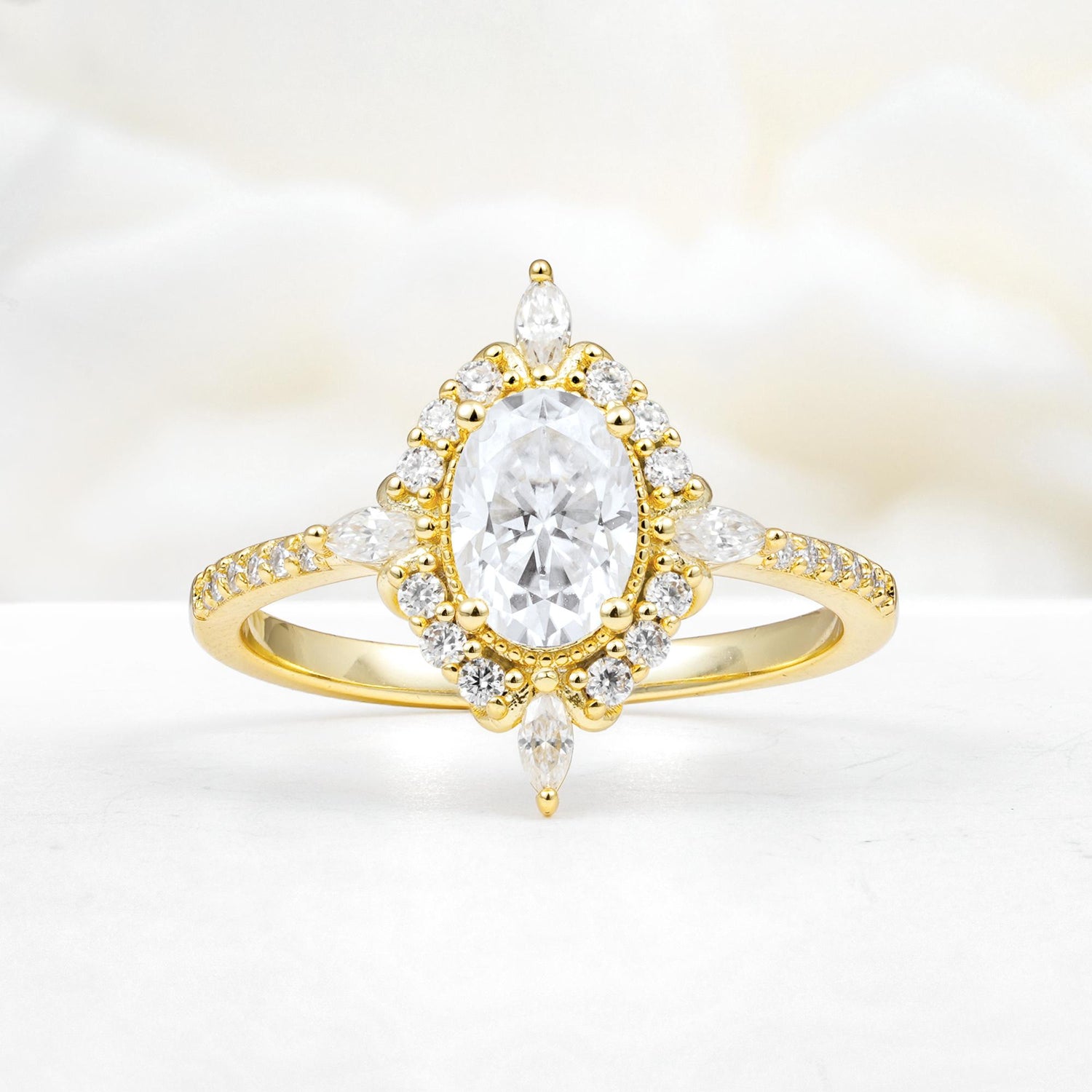 Oval Cut Moissanite Starburst Halo Engagement Ring with Pavé Band - Additional view