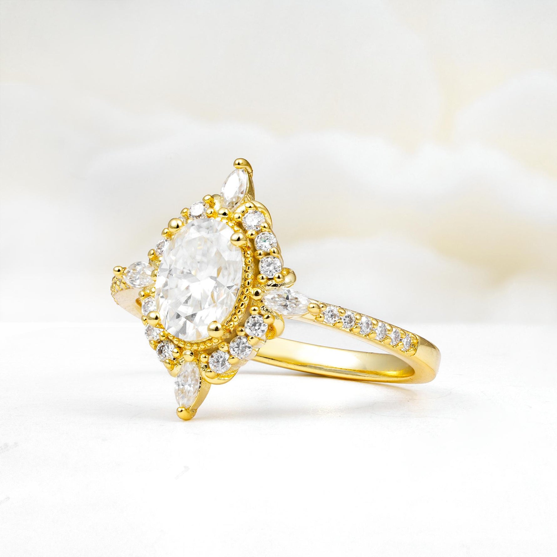 Oval Cut Moissanite Starburst Halo Engagement Ring with Pavé Band - Additional view