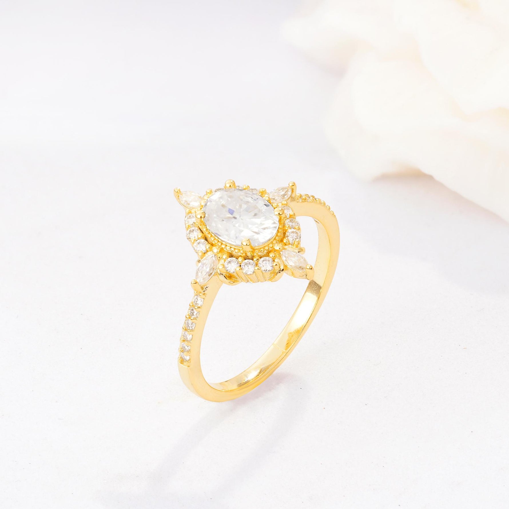 Oval Cut Moissanite Starburst Halo Engagement Ring with Pavé Band - Additional view