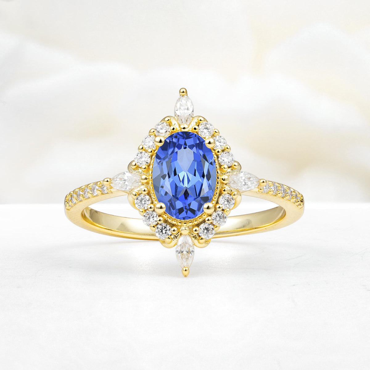 Oval Cut Sapphire Starburst Halo Engagement Ring with Pavé Band - Additional view