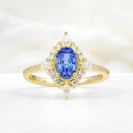 Oval Cut Sapphire Starburst Halo Engagement Ring with Pavé Band - Additional view