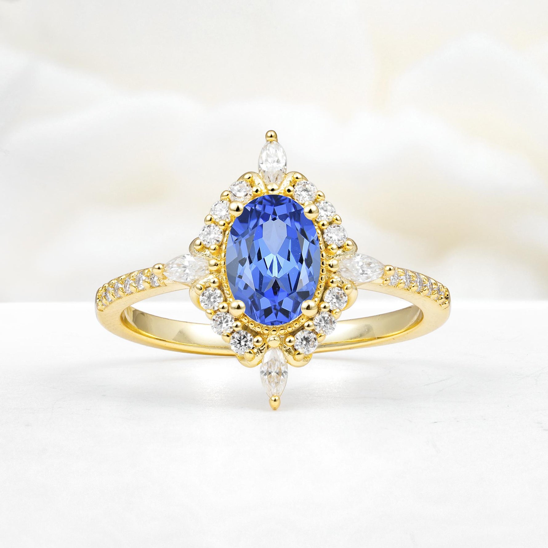 Oval Cut Sapphire Starburst Halo Engagement Ring with Pavé Band - Additional view
