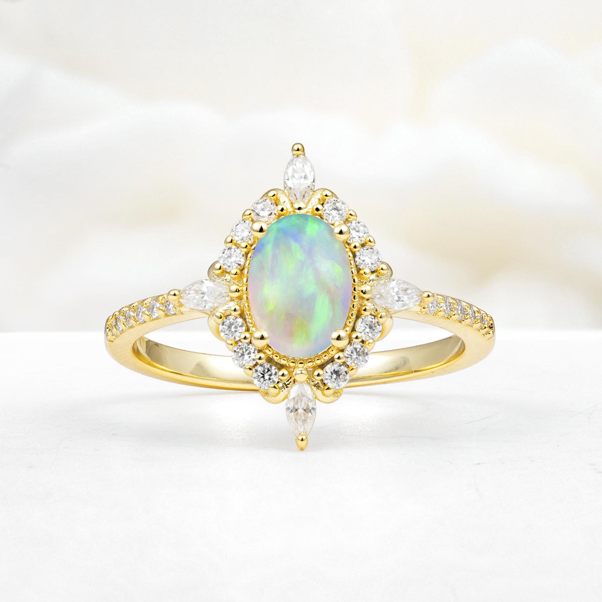 Oval Cut Fire Opal Starburst Halo Engagement Ring with Pavé Band - Additional view