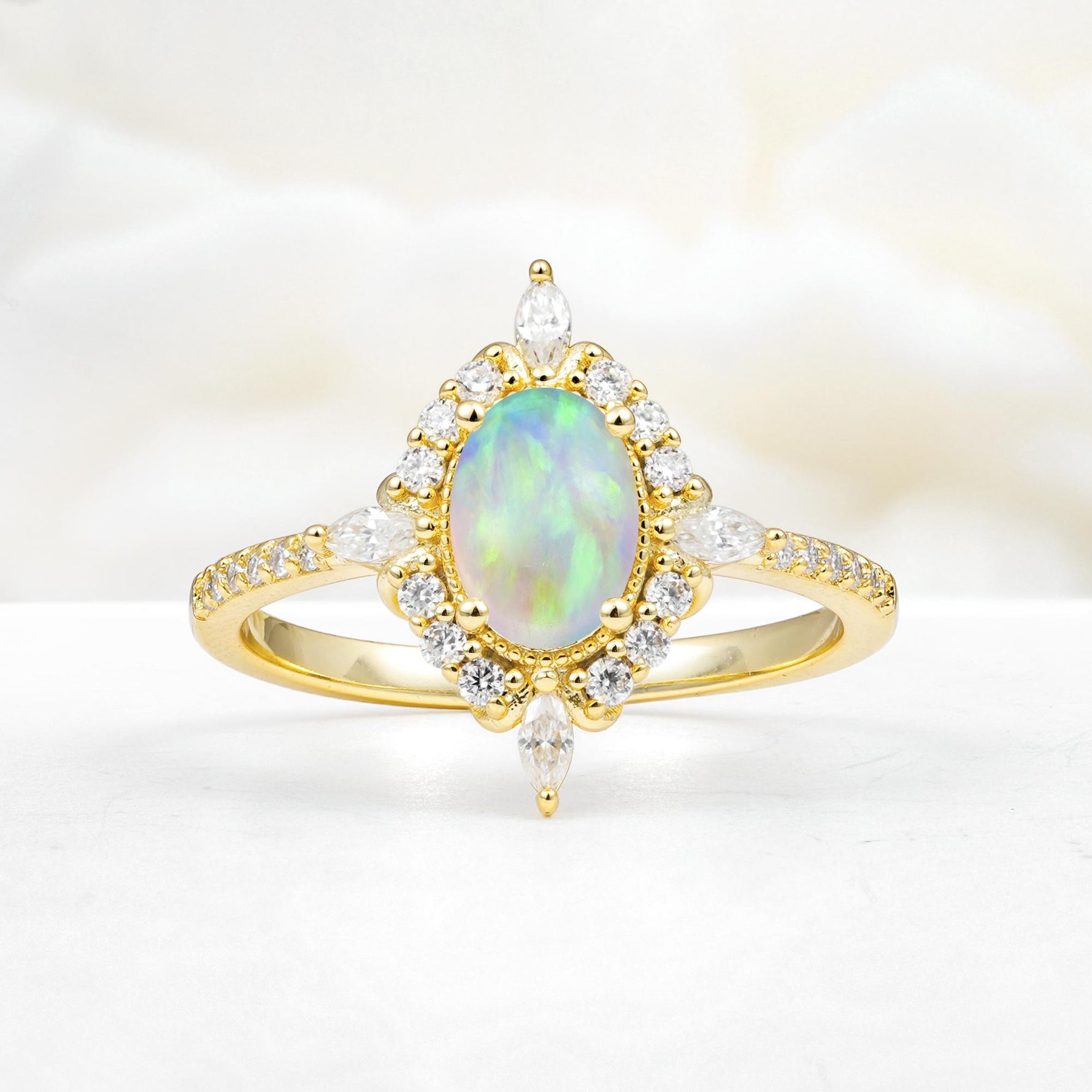 Oval Cut Fire Opal Starburst Halo Engagement Ring with Pavé Band - Additional view