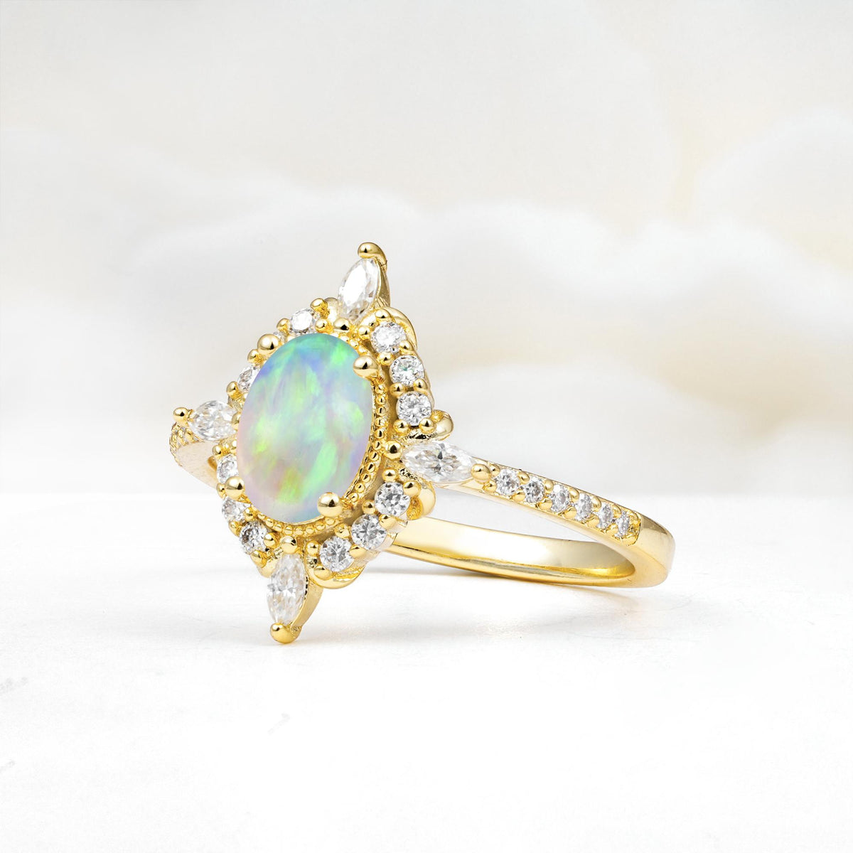 Oval Cut Fire Opal Starburst Halo Engagement Ring with Pavé Band - Additional view