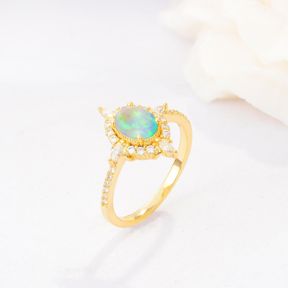 Oval Cut Fire Opal Starburst Halo Engagement Ring with Pavé Band - Additional view