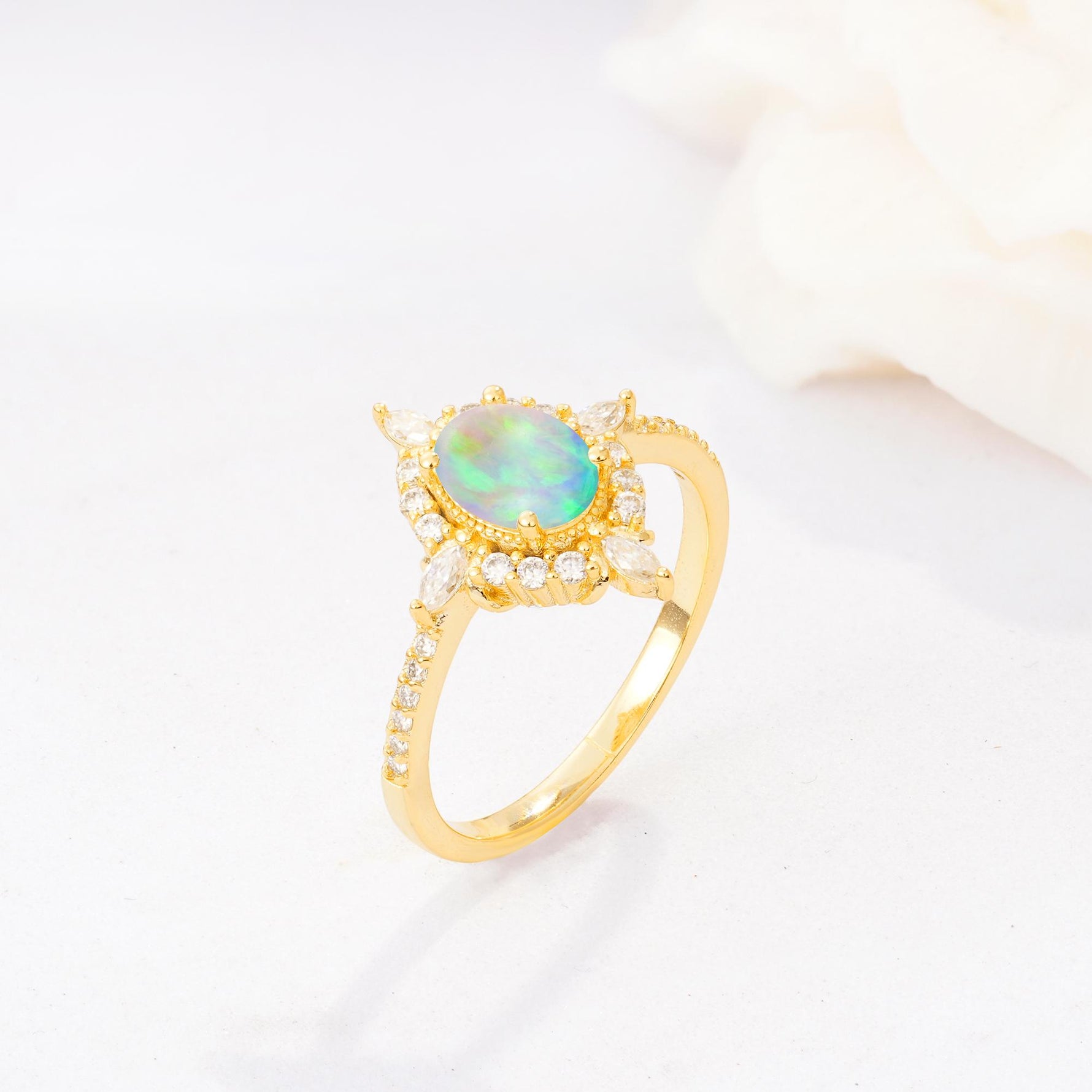 Oval Cut Fire Opal Starburst Halo Engagement Ring with Pavé Band - Additional view