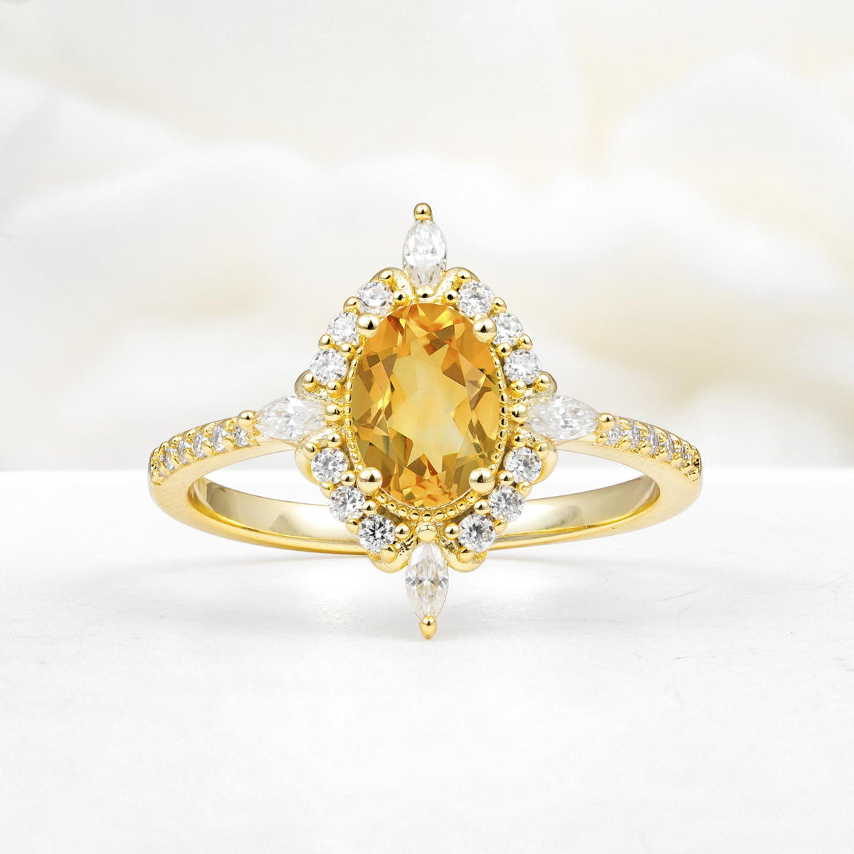 Oval Cut Citrine Starburst Halo Engagement Ring with Pavé Band - Additional view