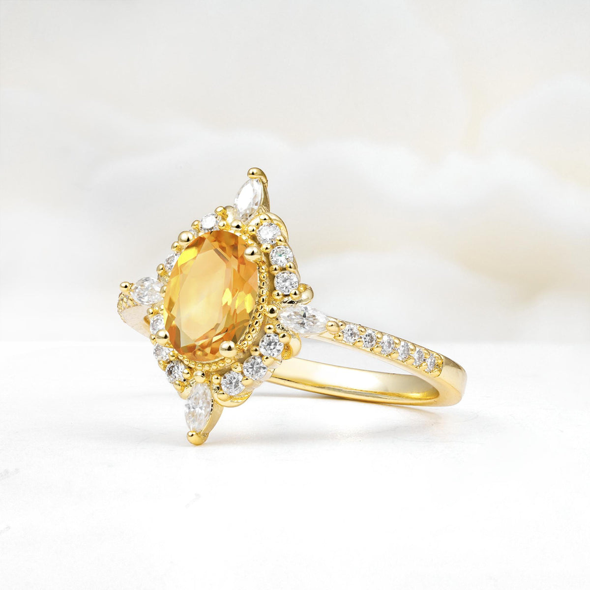 Oval Cut Citrine Starburst Halo Engagement Ring with Pavé Band - Additional view