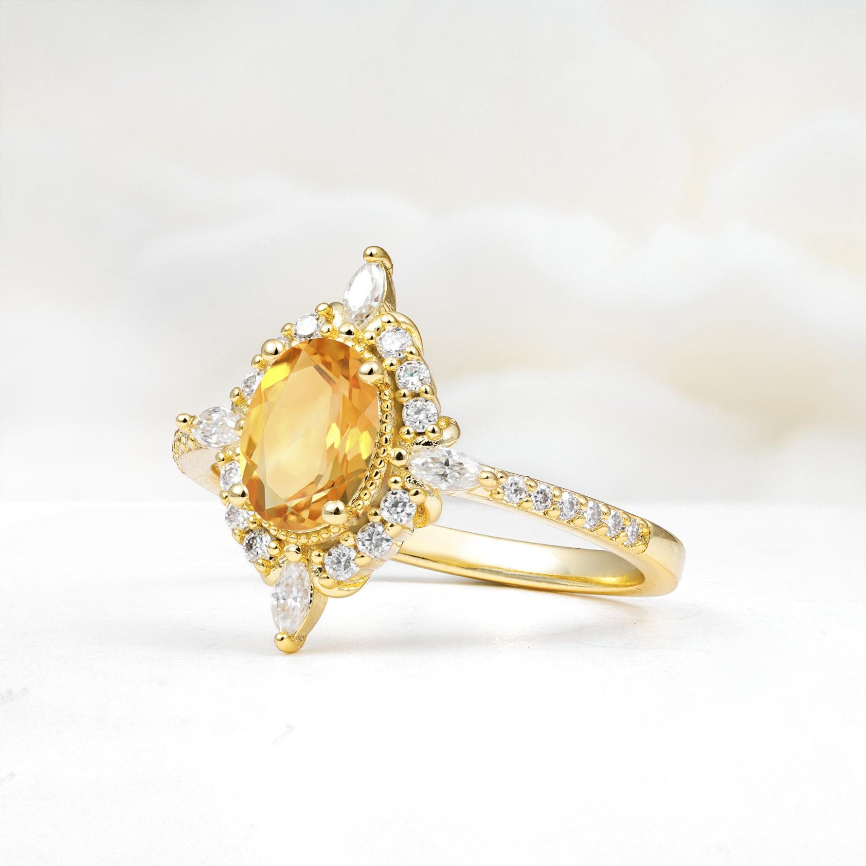 Oval Cut Citrine Starburst Halo Engagement Ring with Pavé Band - Additional view