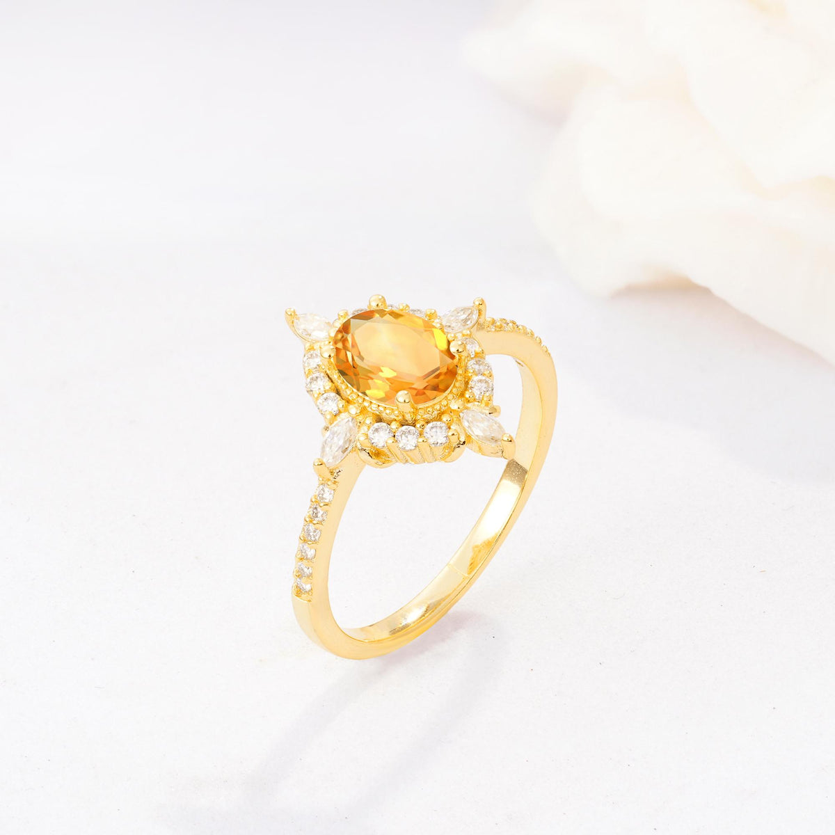 Oval Cut Citrine Starburst Halo Engagement Ring with Pavé Band - Additional view