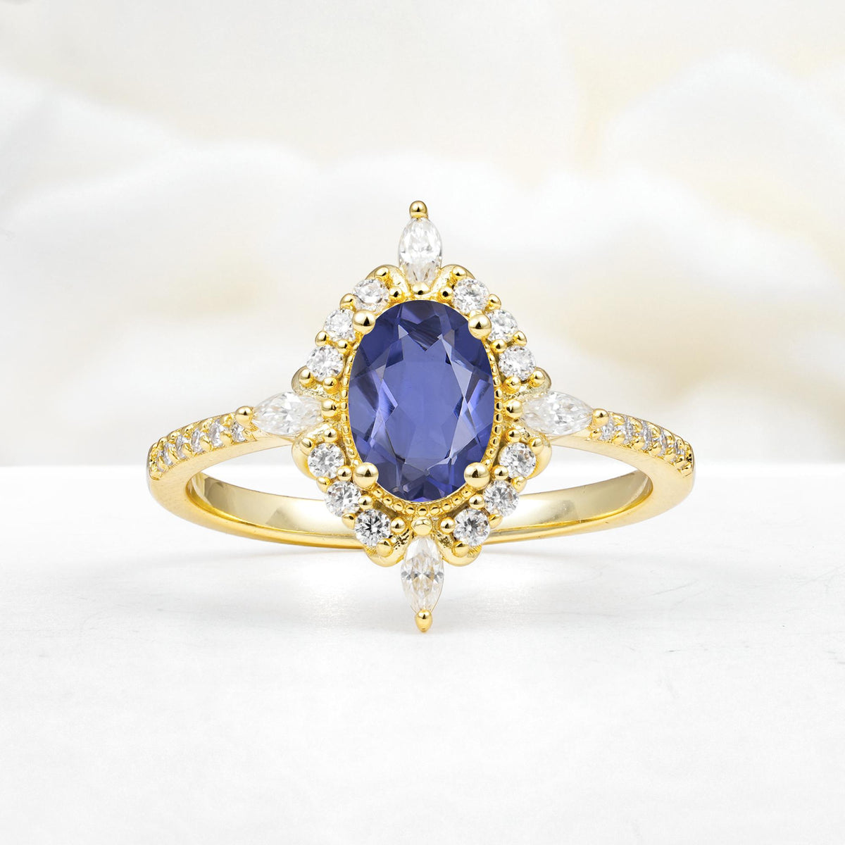 Oval Cut Tanzanite Starburst Halo Engagement Ring with Pavé Band - Additional view
