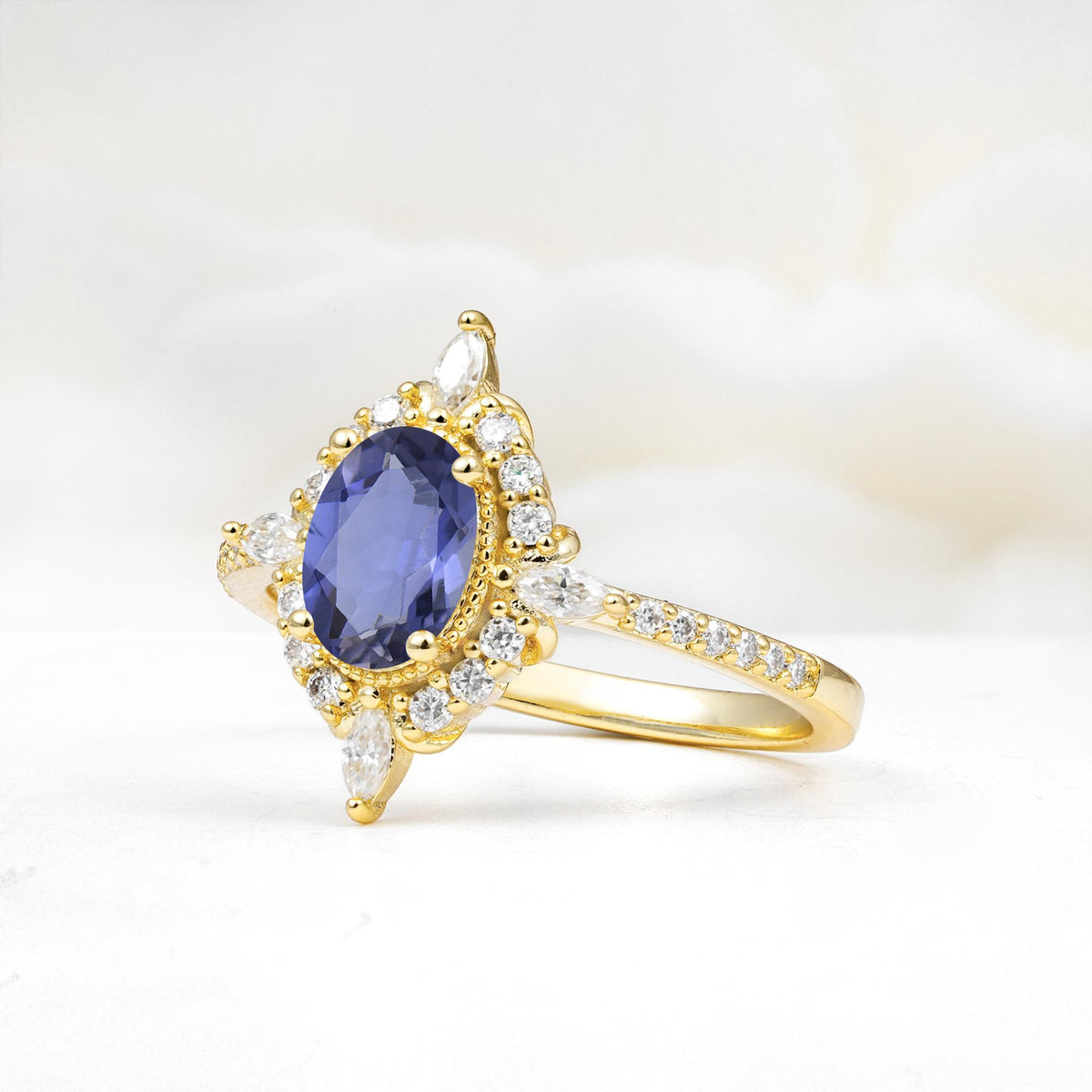 Oval Cut Tanzanite Starburst Halo Engagement Ring with Pavé Band - Additional view